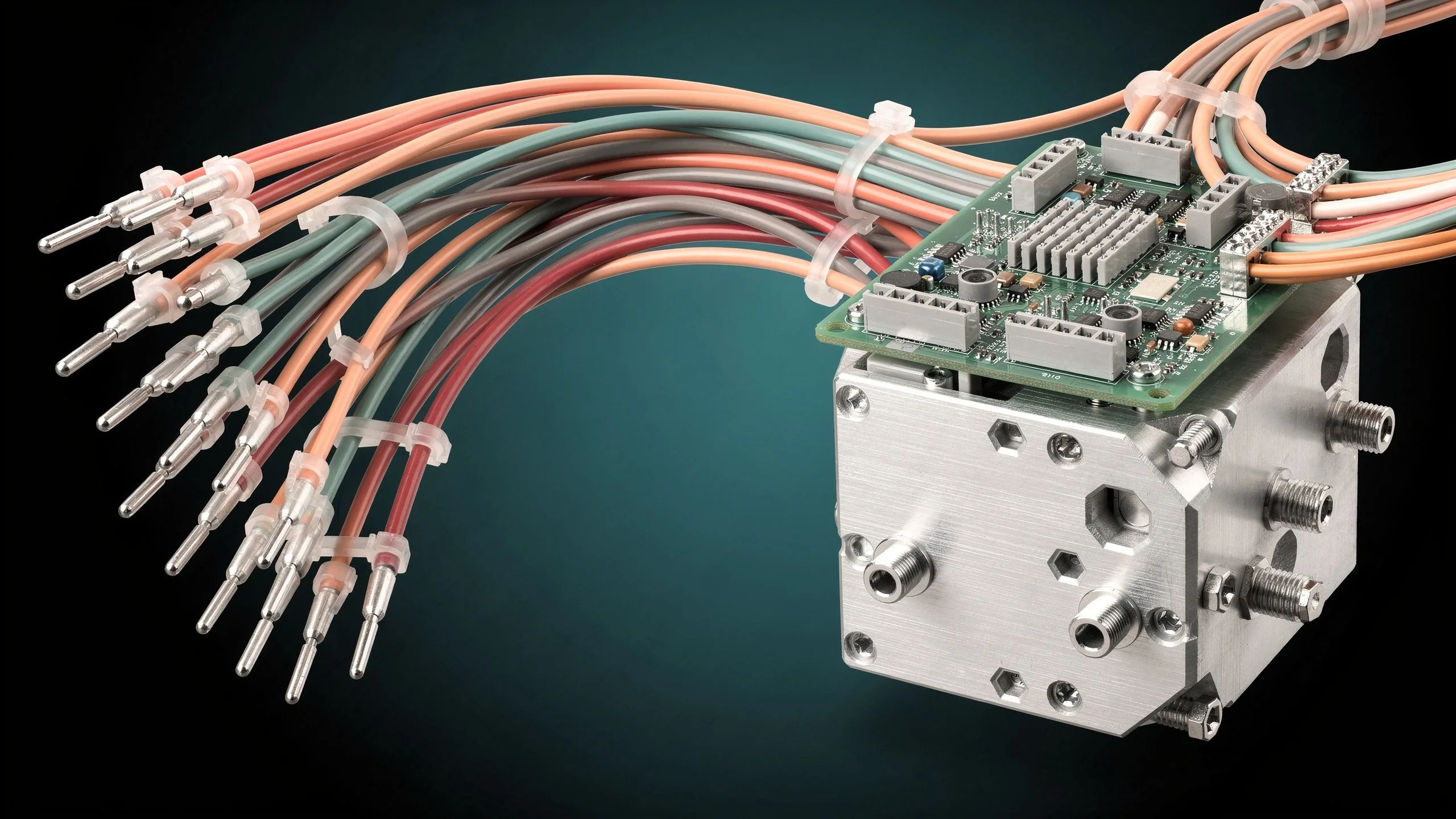 Color-coded wire harness with crimped pin terminals wired into terminal blocks on a control board mounted on a machined aluminum housing