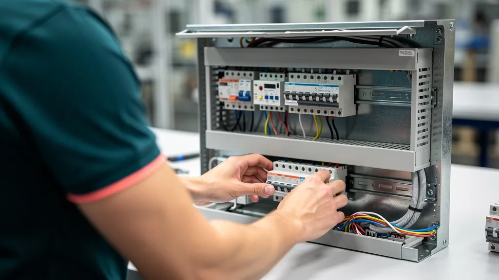Technician installing DIN-rail control components
