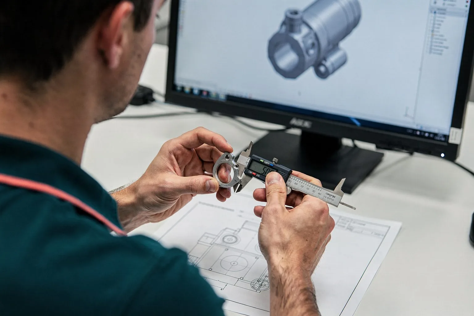 Engineer measuring a machined part during a design review