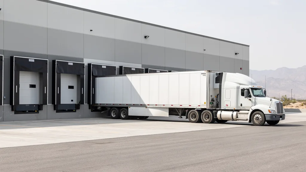 Freight trailer docked at a manufacturing facility loading bay