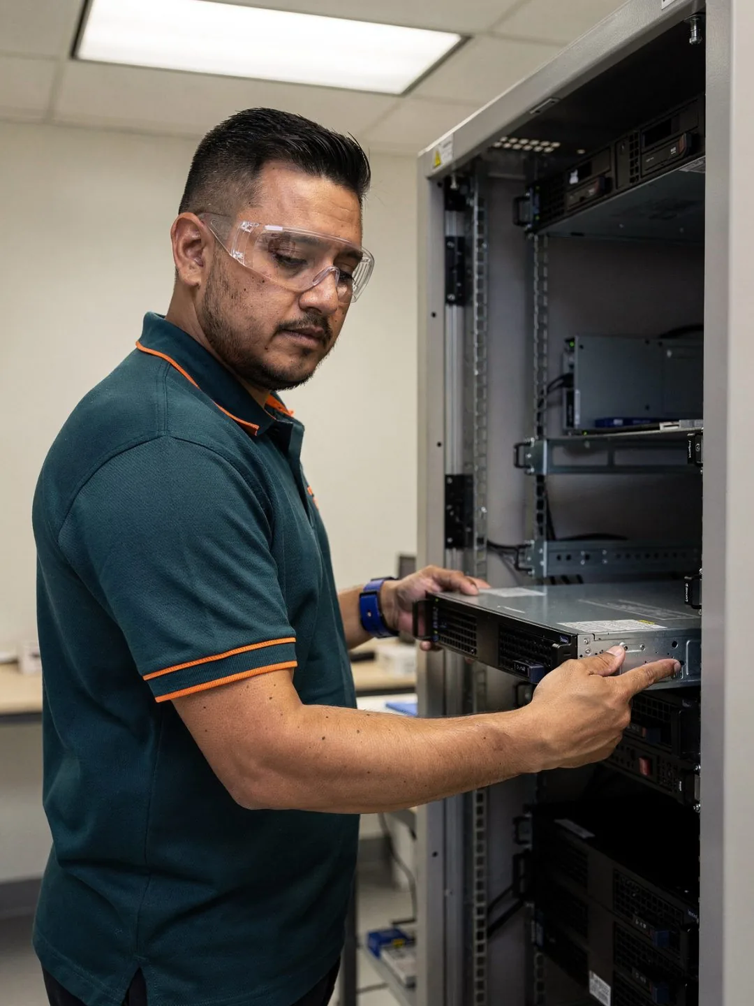 Technician installing a server into an open-frame rack while routing cables
