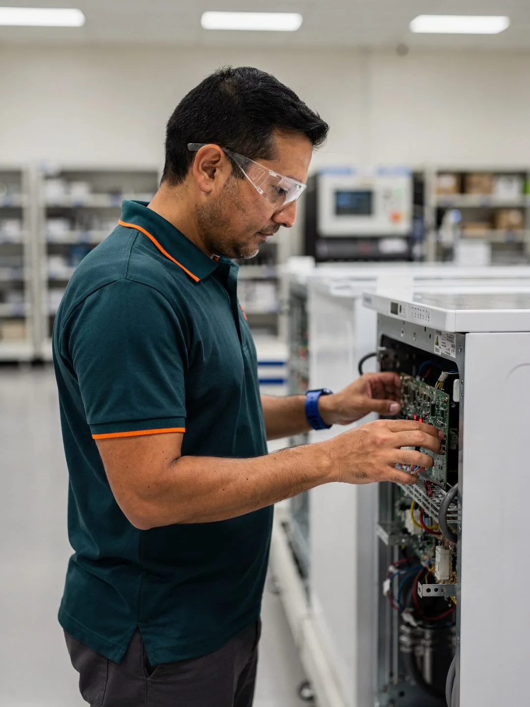 Technician installing a control board into a white-goods unit at an assembly cell