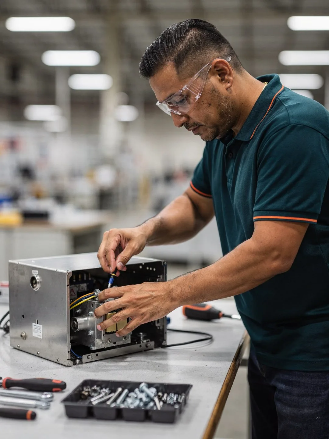 Technician performing box build assembly of a finished unit