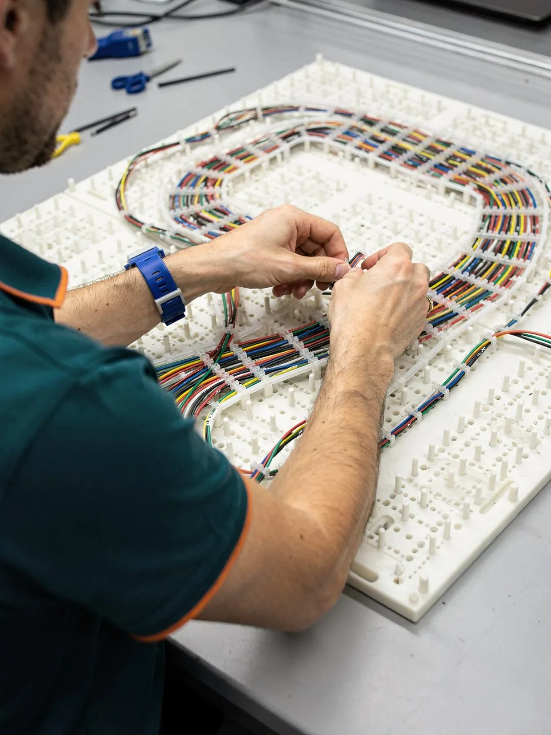 Technician routing a wire harness on a pegged assembly board