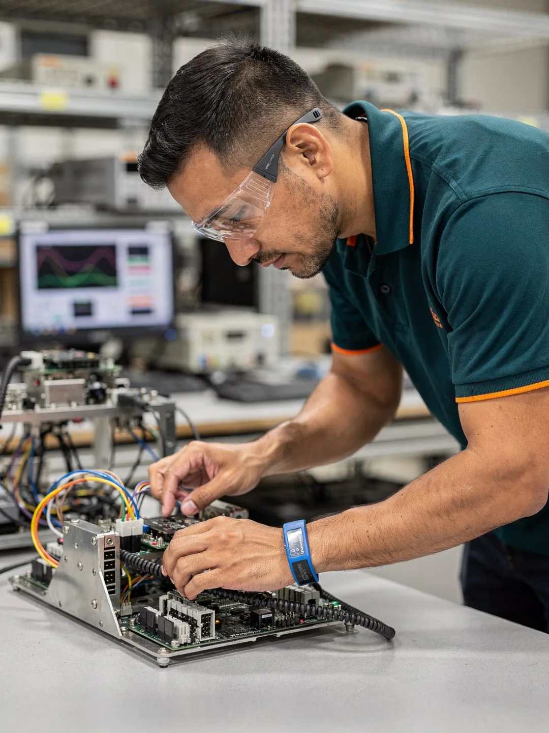 Technician integrating a full product build for system test