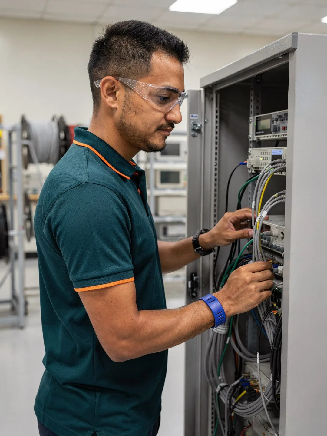 Technician wiring a telecom cabinet with fiber routing and power distribution