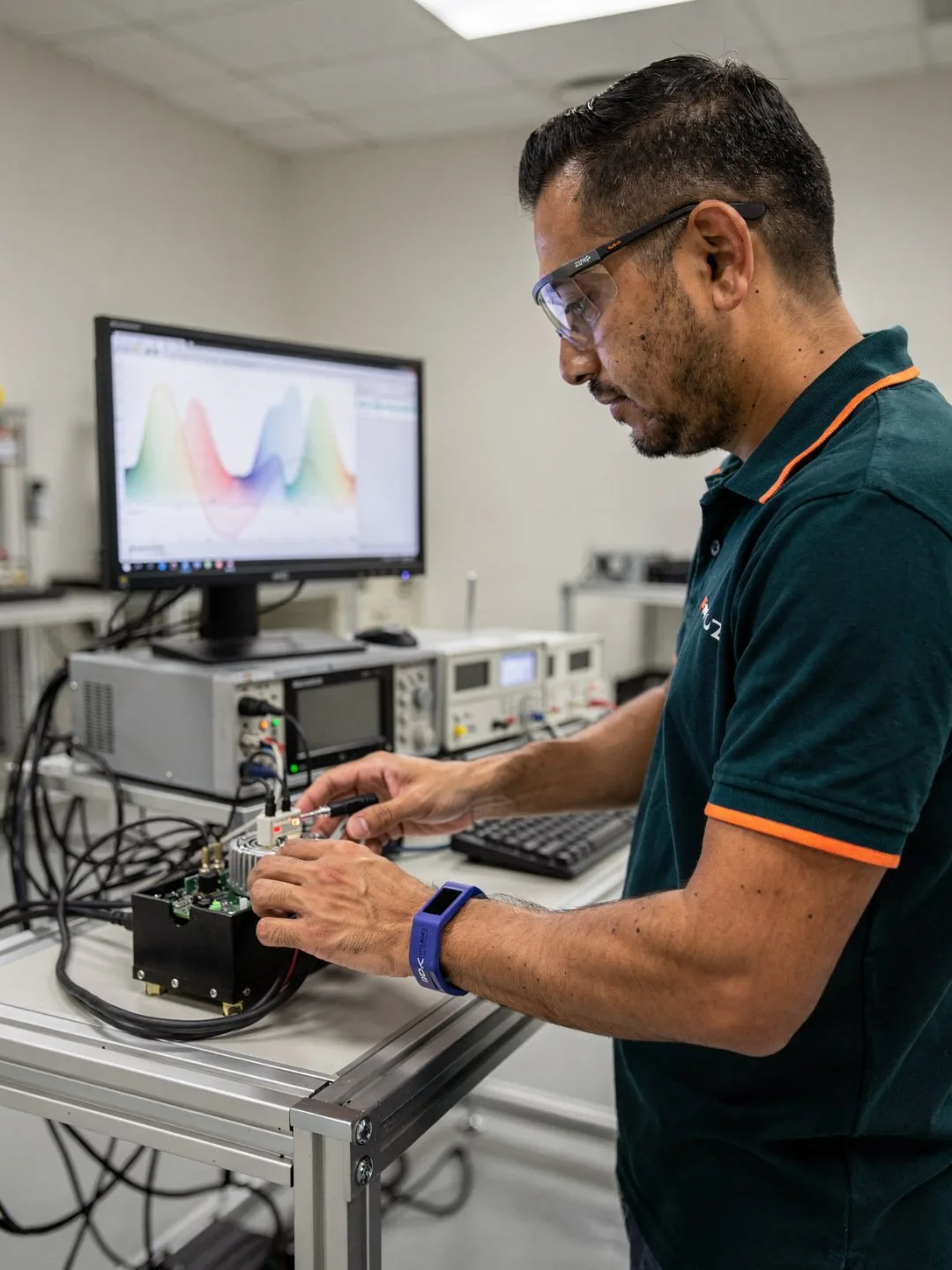 Technician performing functional test and inspection of an assembly